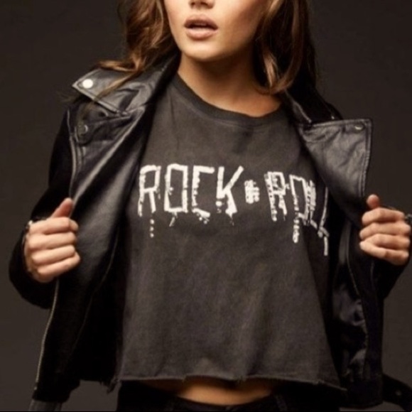 Distressed Rock N Roll Black Crop Top Tee